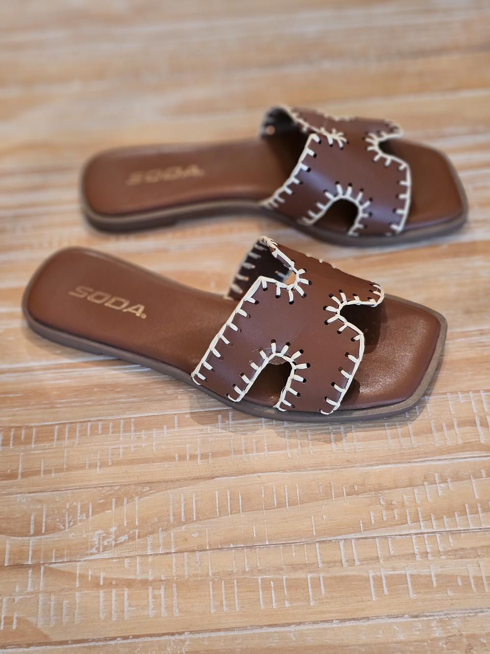 Soda Brown Slide Sandals with Cream Whipstitch Trim - Picture 2 of 4